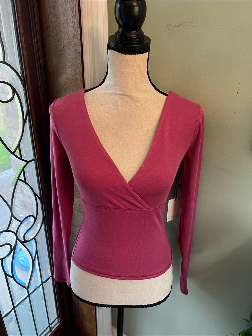 Sincerely Jules Fitted Deep V Wrap Long-Sleeve Top - Raspberry Pink